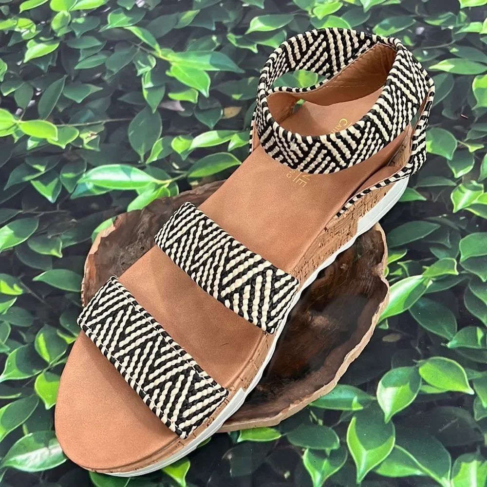 *Catherine brand cream and black, weave platform sandals with ankle strap